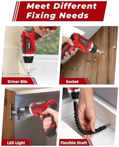 Cordless Electric Screwdriver Set, 8V 10Nm Rechargeable Power Electric Drill, Battery Screw Gun with Driver Bit, 320RPM/10+1 Torque, 2 Position Handle, Flexible Shaft LED Light (Red, 28Pcs)