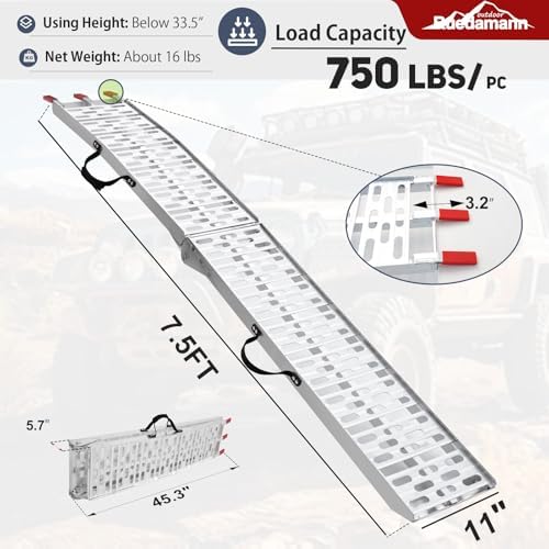 Ruedamann 7.5FT Aluminum Motorcycle Ramp, 750 lbs Capacity, 1 PC | Folding Truck Ramp for ATV, Motorcycle, Lawn Mower, Bike Ramp for Truck, Anti-Slip Loading Ramp for Dirt Bike