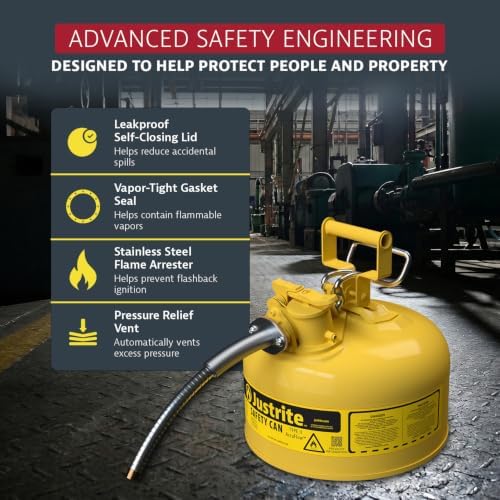 Justrite Type II Diesel Fuel Can, Yellow Galvanized Steel, FM Approved | Flammable Liquid Storage Can with Controlled Pouring, 2 Gallon Capacity