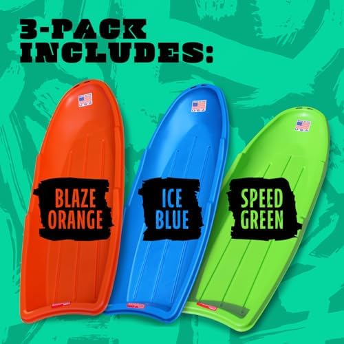 Flexible Flyer Winter Lightning Snow Sleds for Kids and Adults (3-Pack) - 48 Inch Toboggan Style Plastic Sled with Hard Bottom for Fast