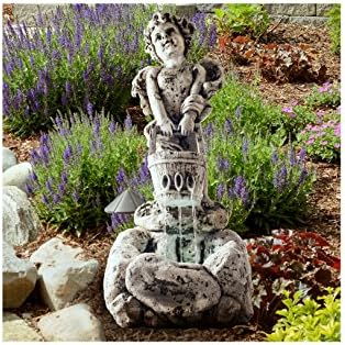 Outdoor Water Fountain With LED Lights, Lighted Cherub Angel Fountain With Antique Stone Design for Decor on Patio