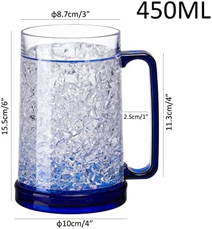 Double Wall Gel Frosty Freezer Ice Mugs Clear 16oz Set of 4 (Blue, Red, Orange and Green)