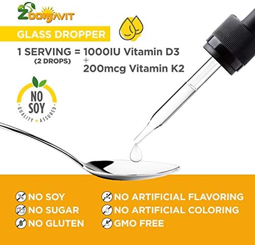 Vegan Liquid Drops Vitamin D3 K2 (MK7) - 100% Plant Based Liquid Vitamin D Enhanced with Coconut Oil for Max Absorption - 1 Serving = 1000 IU VIT D3