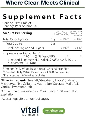 Hyperbiotics Vital Nutrients Pro Kids Probiotic ENT | Toddler Probiotics for Kids Ear, Nose and Throat | Targeted Immune and Digestive Health | Strawberry-Vanilla 45 Sugar-Free Chewable Tablets
