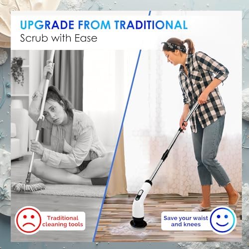 Electric Spin Scrubber for Cleaning, Cordless Power Scrubber with Long Handle, 10 Replaceable Brush Heads, 2-Speed, IPX7 Waterproof for Bathroom