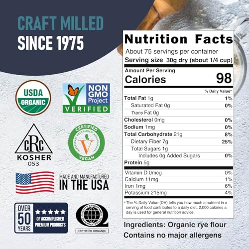 Great River Milling Organic Dark Rye Flour, Whole Grain, 25 lb