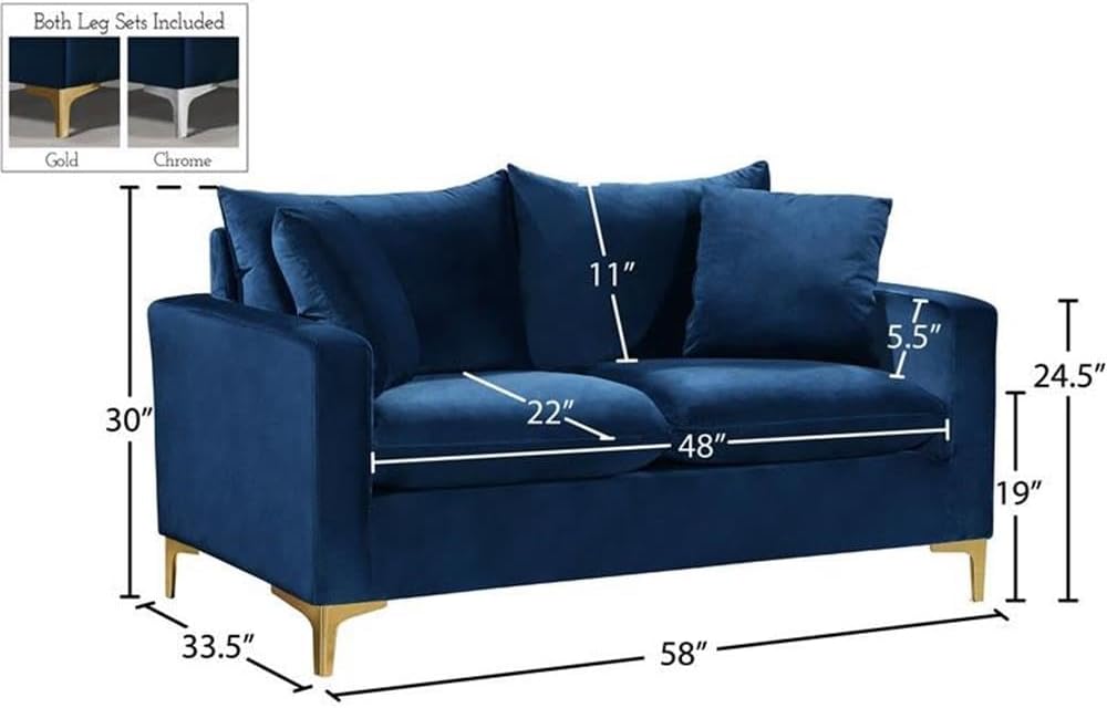 Meridian Furniture Naomi Collection Modern | Contemporary Grey Velvet Upholstered Loveseat with Stainless Steel Base in a Rich Gold or Chrome Finish, 633Grey-L