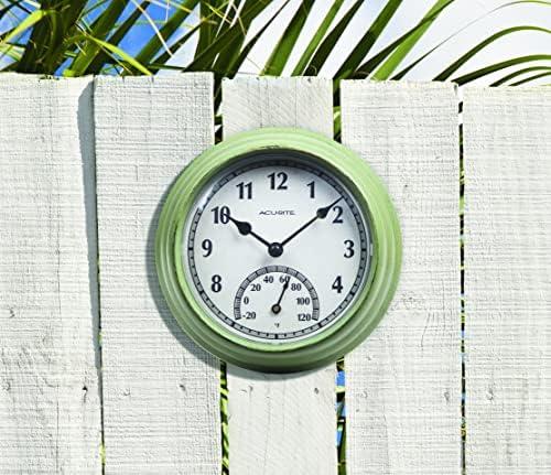 AcuRite 02470 Rustic Green Outdoor Clock with Thermometer, 8.5"