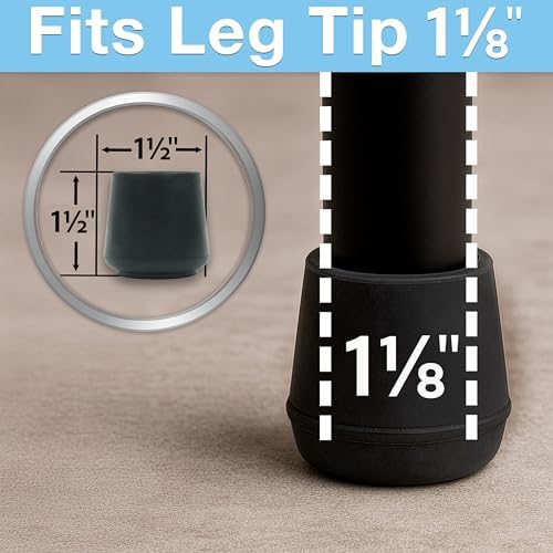 SoftTouch 1-1/8" Round Non-Marking Rubber Slip-On Chair Leg Tips, Nonslip Protective Furniture Leg Caps for Chairs, Stools
