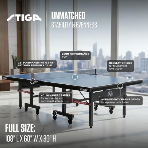 STIGA Advantage Series Indoor Ping Pong Table, Foldable Table Tennis Table - 13, 15, 18, and 25mm Tabletops - Quickplay 10 Minute Assembly - Playback Mode - Recreational- to Tournament-Level