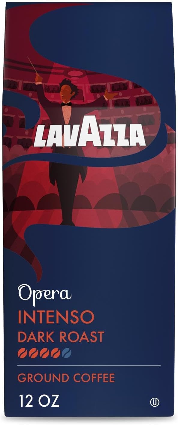 Lavazza Opera Intenso Ground Coffee 12oz Bag, Dark Roast, Bold and Balanced Taste, Intensity 4/5, Arabica and Robusta, Ideal for Drip Brewers, (Pack of 1) - Package May Vary