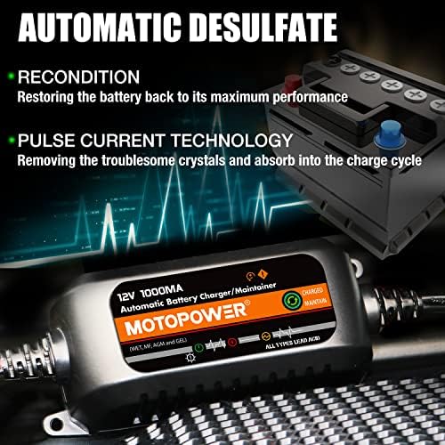 MOTOPOWER MP00205B 12V 1000mA Automatic Battery Charger, Battery Maintainer, Trickle Charger, and Battery Desulfator with Timer Protection - Grey