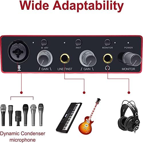 Audio Interface USB Audio Interface with Mic Preamplifier USB Audio Mixer Recorder with 48V Phantom Power, 24 Bit, Support Tablet