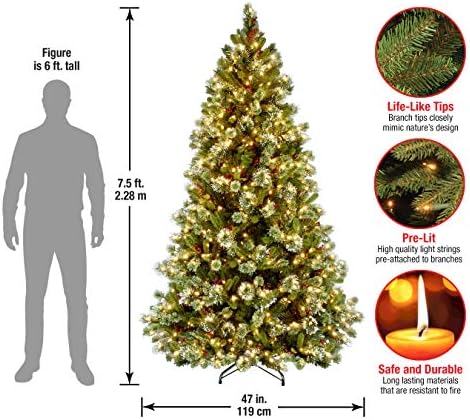 National Tree Company 7.5ft Pre-Lit Wintry Pine Medium Christmas Tree | 650 Clear Lights, 831 Tips, Flocked, Pinecones, Red Berries, Includes Stand, Green
