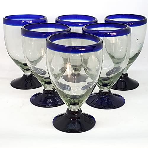 Cobalt Blue Rim 13 oz Wine Glasses (set of 6), Recycled Glass, Lead-free, Toxin-Free (13oz Wine)