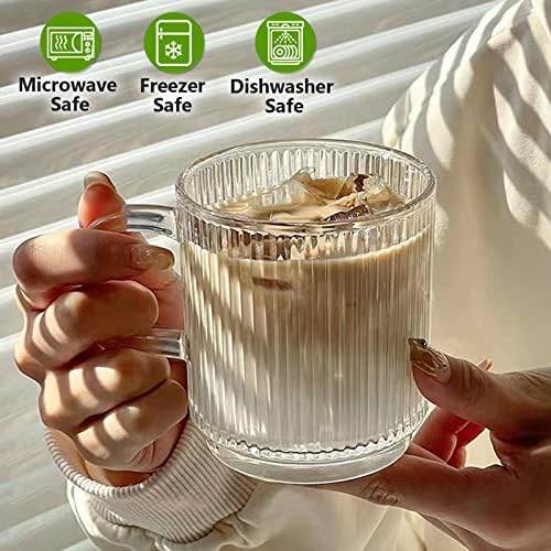 Qipecedm 6 PACK Premium Glass Coffee Mugs with Handle, 12 OZ Classic Vertical Stripes Glass Coffee Cups, Transparent Tea Cup for Hot/Cold Beverages