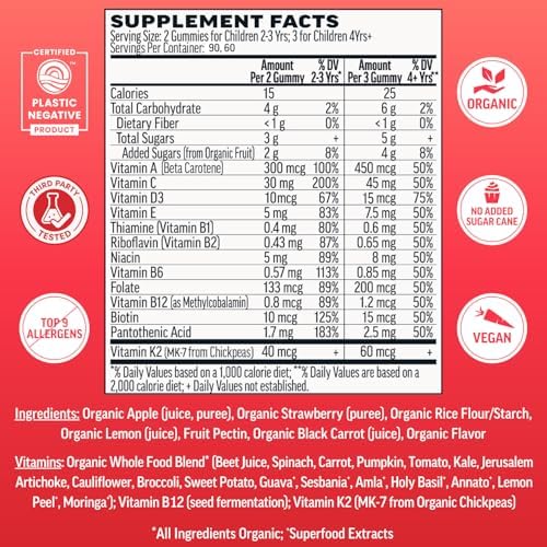 Llama Naturals Kids Multivitamin Gummies | Real Fruit, No Added Sugar Cane | Organic Vegan Toddler Whole Food Vitamins | Vitamin D, C & Beta Carotene Gummy Supplement | Cherry 90 Ct (1-2 Months)