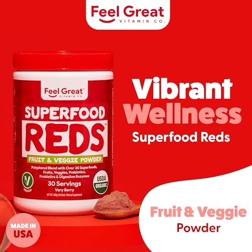 ​Feel Great Organic Superfood Reds Powder Packed with Beet Root Powder | Digestive Support Including Bloating Relief | Fruit and Veggie