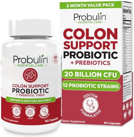 Probulin Colon Support Daily Probiotic + Prebiotic + Support Gut Health, Occasional Gas and Bloating - 20 Billion CFU - 12 Strains, 30 Vegan Capsules
