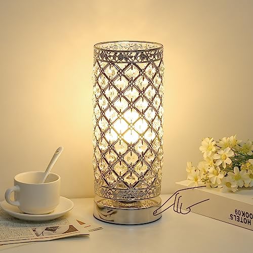 Crystal Table Lamp, 3 Way Touch Control Dimmable Bedside Nightstand Lamp | Silver Crystal Desk Lamp