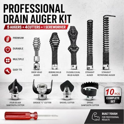 10PCS K-400 Drain Snake Drill Attachment Kit - 5/8 Inch Auger Cutter Heads & Spiral Tips Set for K-400 C-4/C-6/C-7/C-8/C-9
