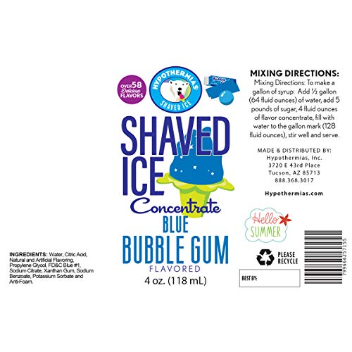 Hypothermias Shaved Ice and Snow Cone Syrup Unsweetened Flavor Concentrate - 4 Fl. Oz - Makes 1 Gallon of Ready to Use Syrup - Blue Bubble Gum