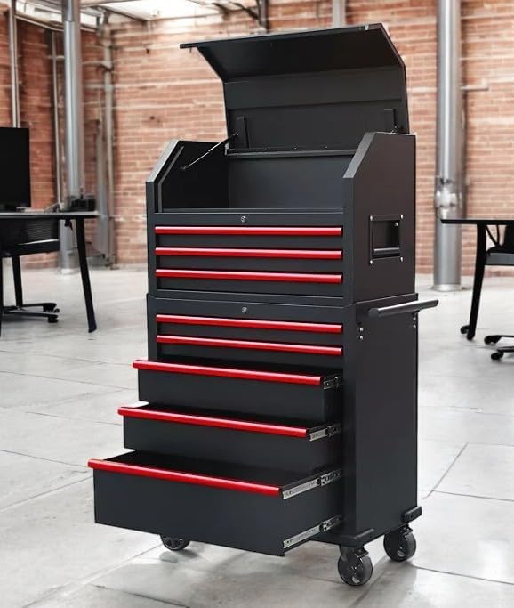 Heavy Duty 36" 8-Drawer Tool Chest and Cabinet Combo, Black with Red Accents, Rolling Casters