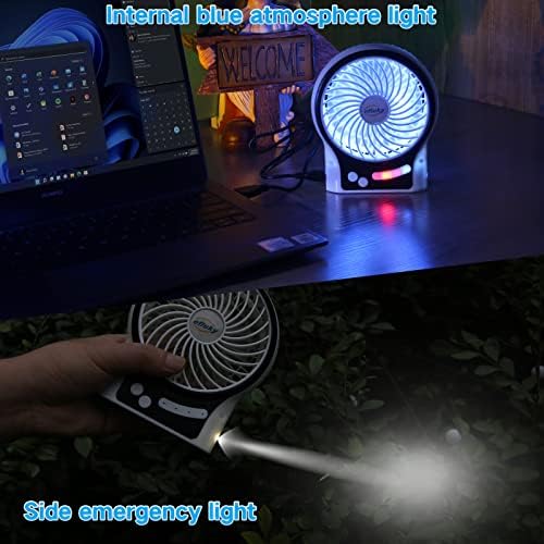 efluky 4.9-Inch Mini Desk Fan - 3 Speeds, Rechargeable Battery/USB Powered with LED Light, Quiet Portable Fan for Home, Office, Travel, Camping (Black)