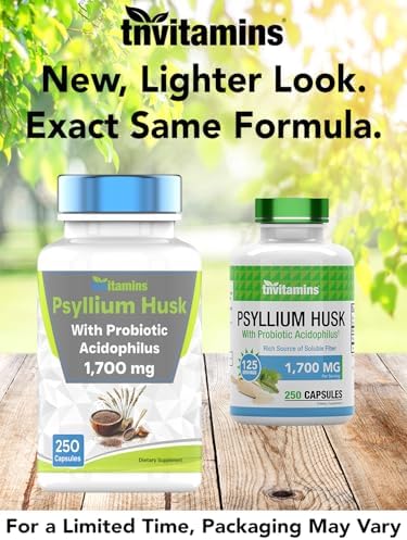 tnvitamins Psyllium Husk Capsules | 1700 MG - 250 Capsules | with Probiotic Acidophilus | Extra Strength Soluble & Dietary Fiber Supplement | Supports Digestive Health