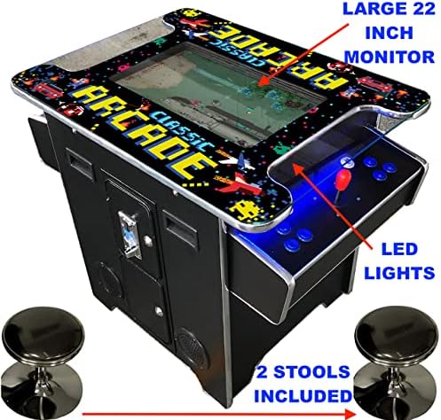 Full Size Commercial Grade Cocktail Arcade Machine 2 Player Retro 60 Games 22" LCD Screen Tempered Glass 2 Stools Included 5 Year Warranty Black