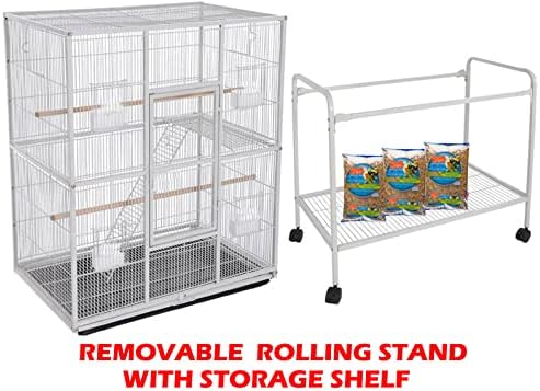 64" Extra Large Double Flight Bird Wrought Iron Double Cage Slide Out Center Divider Side Nesting Box Door Parrot Cage Cockatiel Conure with Removable Rolling Stand Storage Shelf