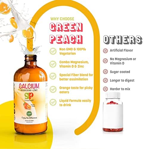 GreenPeach Organic Liquid Calcium for Kids - Magnesium, Zinc, Calcium Citrate & Vitamin D3 Calming Syrup & Liquid Calcium Supplement, NO Sugar NO Artificial Flavors, Vegetarian Halal Kosher