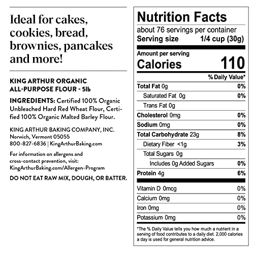 King Arthur 100% Organic All-Purpose Flour, Unbleached, 5 lb Bag - Non-GMO Project Verified, No Preservatives