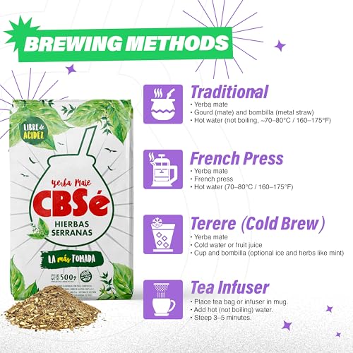 CBSé Yerba Mate Hierbas Serranas – 500 g (1.1 lb) Loose Leaf Yerba Mate Tea with Mountain Herbs, Naturally Caffeinated, Gluten-Free.