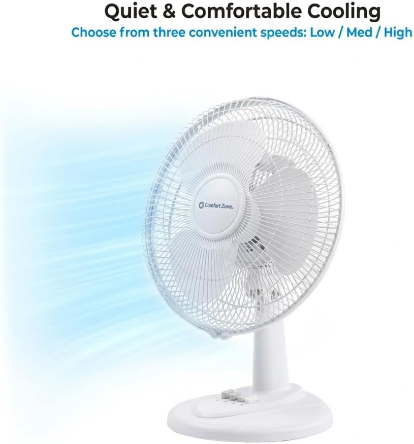 Comfort Zone 12 inch Table Fan with Adjustable Tilt, Wide Area Oscillation, Quiet Air Circulator Fan For Bedroom, 3 Speed Desktop Fan for Home Office, Push Button Controls, White
