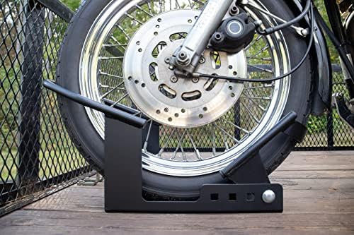 Camco Steel Universal Tire Fit Motorcycle Wheel Chock Mount for Truck Bed or Trailer Floor, Includes 2 Handlebar Straps