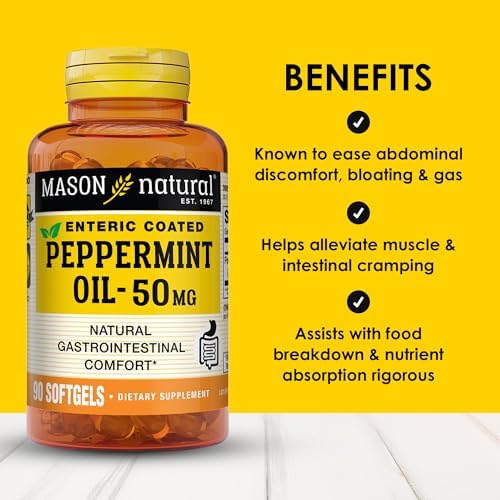 MASON NATURAL Peppermint Oil 50 mg Enteric Coated Softgels, 90 Day Supply | 50mg pure peppermint oil, enteric coated to dissolve in the intestines, to ease bloating & gas and support normal digestion