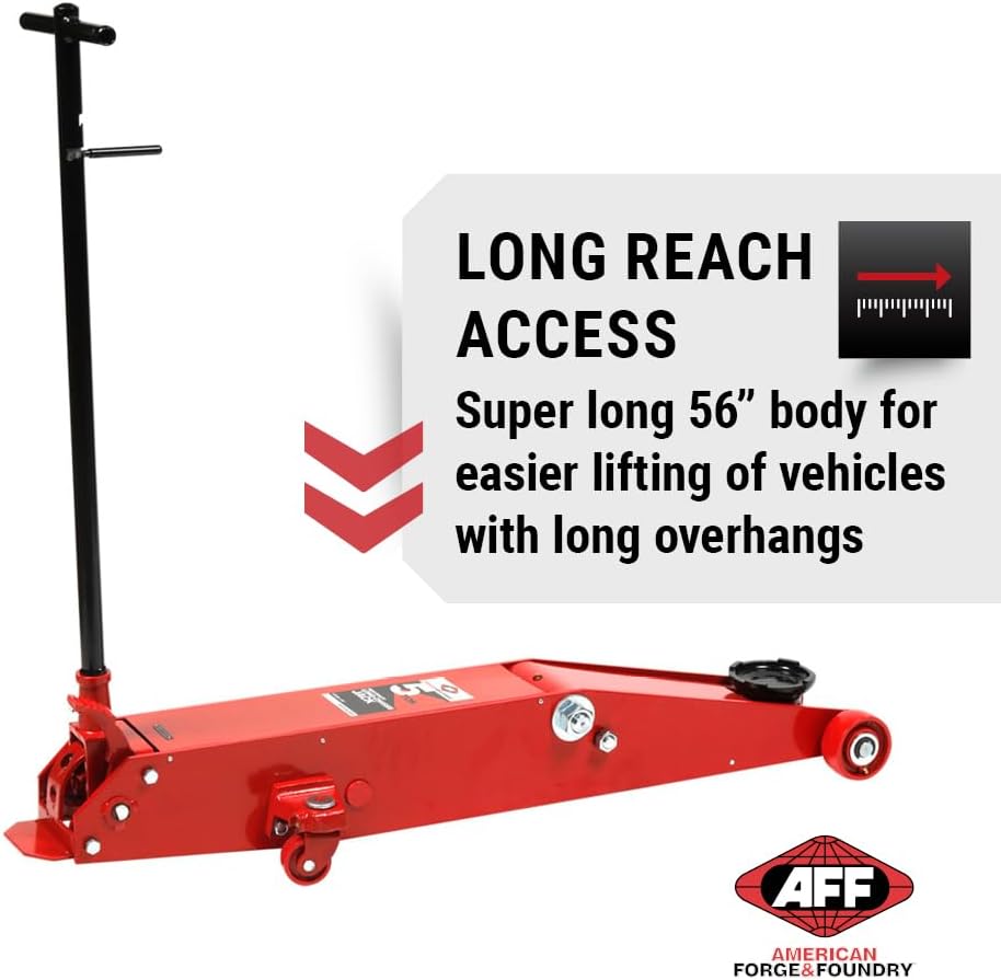 AFF 10 Ton Air Hydraulic Long Chassis Jack - for Long Overhang Vehicles | 10 T Floor Jack with Foot Pump & 3-Position Lock Handle - Ideal for Repair Shops, Bus & Truck Fleets, Heavy Duty Equipment