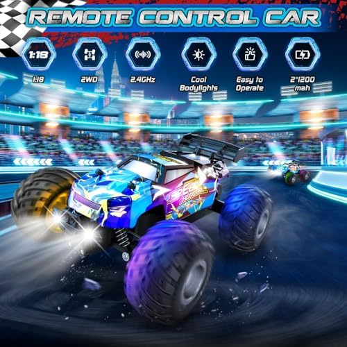 Rcjoyou Remote Control Car, 2WD Off-Road Rc Truck, 20 KM/H All-Terrain RC Cars with Headlights & Body Lights, 2.4GHz, 2 Batteries