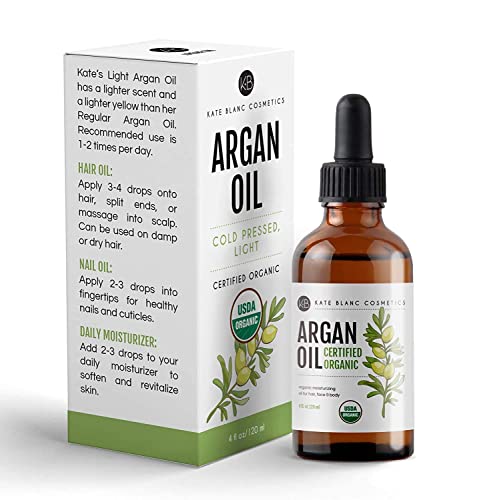 Kate Blanc Cosmetics Argan Oil for Hair, Face & Skin from Morocco (4oz, USDA Certified Organic, Cold Pressed & 100% Pure, Light) | USDA Certified Organic, Cold Pressed & 100% Pure, Light