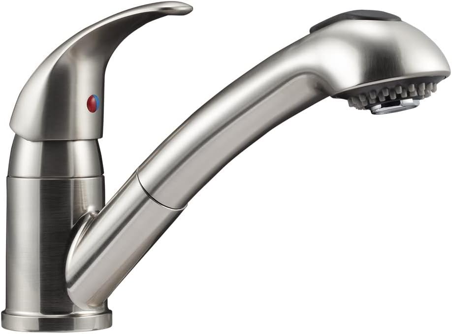 Dura Faucet DF-NMK852-WT RV Pull-Out Swivel Kitchen Sink Faucet (White) | One-hole, single-handle design with smooth lever control for galley cleanup. Easy DIY install with common hand tools.
