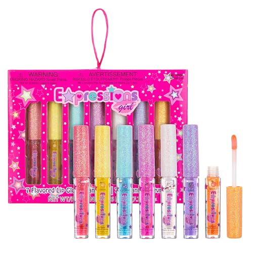 7pc Fruity Flavored Lip Gloss Set - Assorted Fruit Flavor-Great Gift | Non-Toxic Kids Makeup. Fun Shiny Lip Gloss Collection for Kids, Teens & Girls - Sweet & Glossy Lip Care