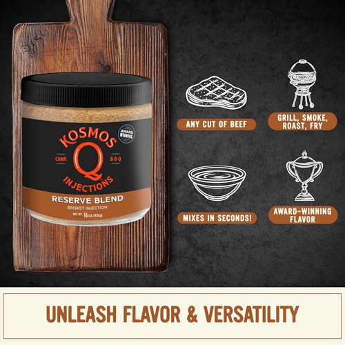 Kosmos Q Reserve Blend Brisket Injection, Premium Beef BBQ Marinade for Tender & Juicy Brisket, Phosphate-Enhanced for Moisture Retention, Competition-Grade Seasoning, Gluten Free, 16 Oz Jar