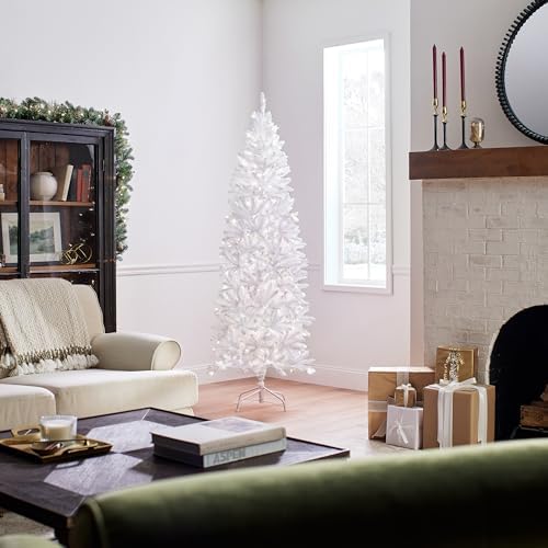 National Tree Company 7.5ft Pre-Lit Kingswood Fir Slim Christmas Tree | 350 Clear Lights, 1,075 Tips, Includes Stand, Artificial, White