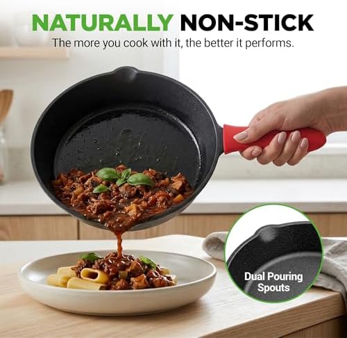 NutriChef 10 Inch Cast Iron Skillet with Lid - Pre-Seasoned Small Fry Pan with Side Drip Spout and Silicone Handle