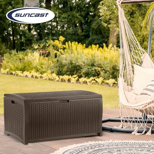 Suncast Outdoor Storage Box - 73 Gallon Mocha Brown Deck Box for Patio, weather-resistant Outdoor Storage Bench, Resin Wicker Style, Heavy-Duty, Lockable Lid for Cushions, Shoes, Pool & Garden Gear