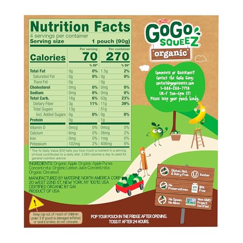 GoGo squeeZ No Sugar Added Organic Applesauce, Apple Apple, 48 Count | Kids on the go fruit snack made with applesauce & fruit puree; 3.2 oz pouches, gluten and nut free, recloseable cap, BPA-free