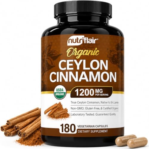 NutriFlair Organic Ceylon Cinnamon Supplement 1200mg, 120 Capsules - USDA Certified - Non-GMO, Gluten Free Powder, Antioxidant Pills