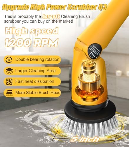 Qimedo Electric Spin Scrubber Q3, 6000mAh, Extra-Large Brush Head, 1200RPM | Floor Scrubber Machine with Long Handle, Cordless Cleaning Brush, 8 Brush Heads and Smart Display for Showers, Tubs and Tile