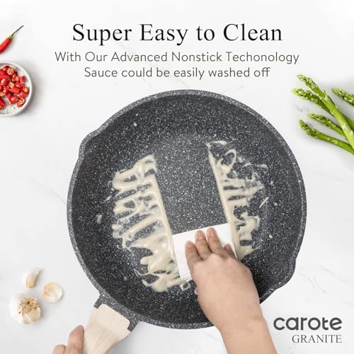 CAROTE 12 Inch Nonstick Deep Frying Pan with Lid, 5.5 Qt Black Granite | Kitchen Non-Toxic PFOA Free Cookware, Covered Sauté Pans All Stovetops Compatible, Easy to Clean